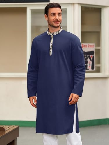 Runcati Mens Cotton Kaftan Robe Long Sleeve Button Down Henley Shirts Thobe Casual Side Split Gown Shirt2