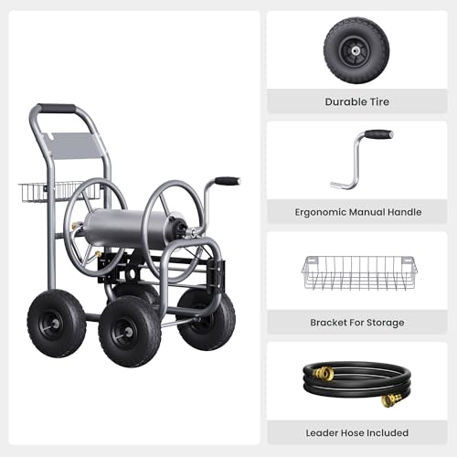 Giraffe Tools Hose Reel Cart, Hose Cart with Wheels Heavy Duty, Industrial Hose Reels for Outside, 250-Feet of 5/8" Hose Capacity, Hose Guide Pre-Installed, Grey