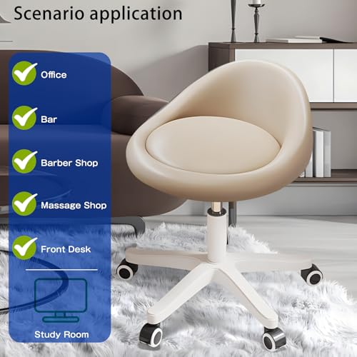 Image of Swivel Rolling Stool with Wheels, Height Adjustable PU Leather Drafting Chair, Round Seat for Salon, Spa, Tattoo, Office, Home Use Khaki Set of 1