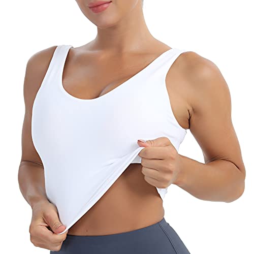 Mathacino Longline Sports Bras For Women, V-Neck Workout Padded Sports Yoga Bra Aesthetic Sports Bratank Tops Crop Top White #TOP1