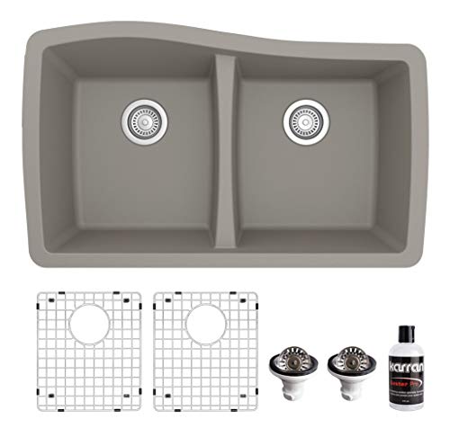 Karran QU-720 Undermount Quartz Composite 33 in. 50/50 Double Bowl Kitchen Sink Kit in Concrete -  QU-720-CN-PK1