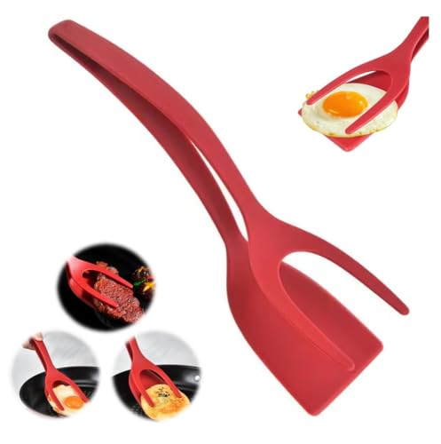 2 in 1 Spatula and tongs, egg flipper spatula, Multi-purpose Non-Stick Kitchen Gadgets, Pancake Fish French Toast Omelet bread Home kitchen Grip and Flip (Red)