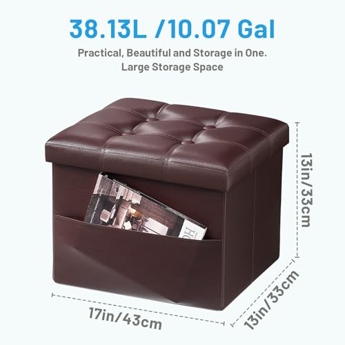 Image of Bsketa Storage Ottoman Bench,17 Inch Folding Leather Foot Rest Stool, Brown | Small Ottoman with Side Pockets, Thicker Foam Padded Seat, Livingroom, Dorm, Bedroom, Easy to install, 43L,17x13x13in