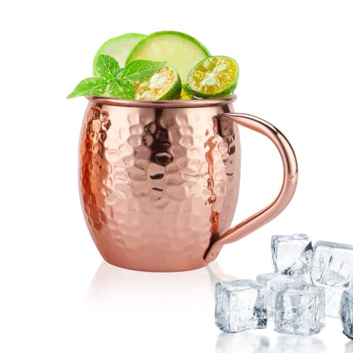 Amrules 16oz Moscow Mule Mugs Hammered with Curved Handle, Copper
