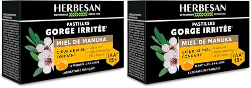 HERBESAN® - PASTILLES COEUR FONDANT AU MIEL DE MANUKA IAA15+(MGO514+) - Apaise la Gorge - Boite de 16 pastilles (Lot de 2)