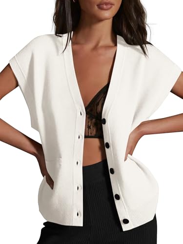 Image of Womens Cardigan Sweater Vest Lightweight V Neck Button Down Cap Sleeve Knit Tops Loose Sleeveless 2025 Spring Outfits