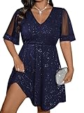 Floerns Women's Plus Size A Line Dress Mesh Short Sleeve V Neck Flared Glitter Ribbed Party Cocktail Dresses Dark Blue 3X-Large Plus