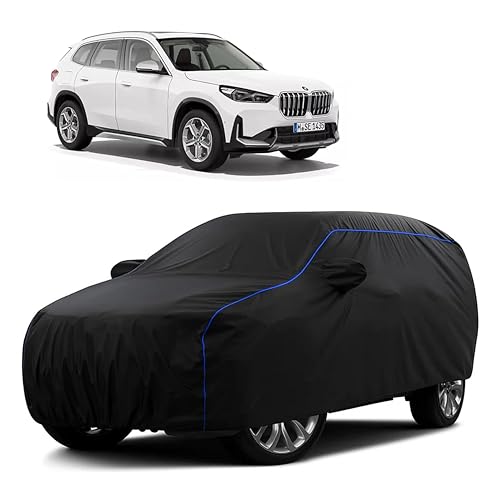 Image of Sulfar 100% Water Resistant Car Body Cover Compatible with Mirror for BMW X1 (Triple Stitched, Full Bottom Elastic, Black Tafetta with Blue Piping)