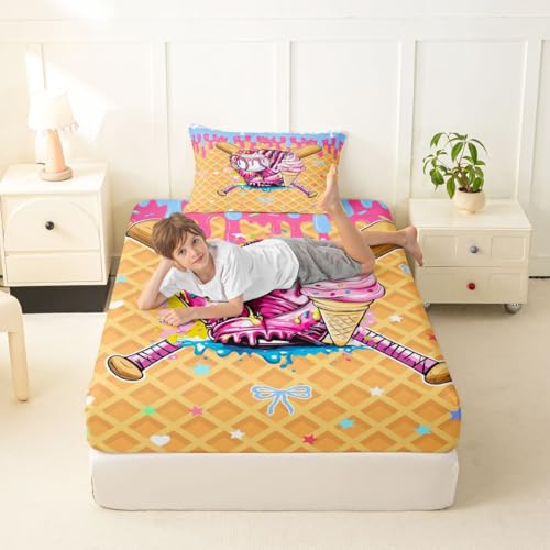 Image of Castle Fairy Baseball Cream Bed Sheets Twin Size,Ball Dessert Cherry Plaid Easy Wash Bedding Set,Kawaii Sport Game Kids Room Decor,Pink Bule Yellow Sheet(Fitted+Flat+1 Pillowcase)