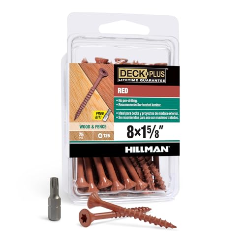 Image of Deck Plus 1-5 /8 Inch Epoxy Coated Exterior Wood and Fence Screws #8 x 1-5 /8 inch Torx /Star Drive Included Coarse Thread, Outdoor Rust Resistant Decking Screw, Red, 75 Pieces | 42597