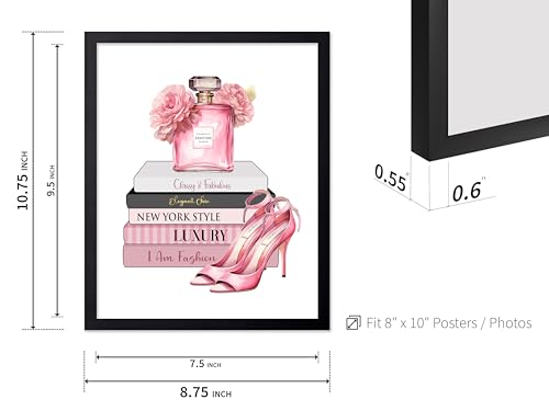 Image of Poster Master Fashion Print - Pink Designer Poster - Shoes & Perfume Art - Chic Gift for Her & Fashionista - Luxury Haute Couture Decor for Bedroom or Girl's Room - 8x10 Black Framed