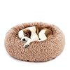 DUMOS Calming Donut Cat & Dog Bed for Medium Dogs, Machine Washable Cuddle Warming Cozy Fluffy Faux Fur Plush Round Dog Bed, Anti-Anxiety Waterproof Anti-Slip Pet Bed, Brown, 24×24×8 Inches