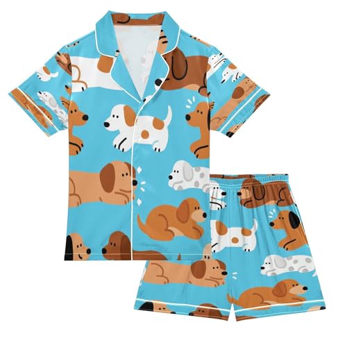 Satin Pajama Sets Short Sleeve Cute Dogs on Blue Background Button Down Silky Nightwear 2 Piece PJS 5-14Y