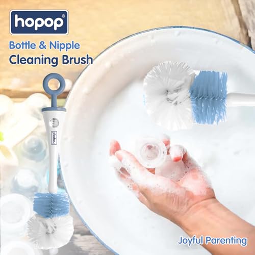 Image of Hopop Baby Feeding Bottle Cleaning Brush & Nipple Cleaner | 2 in 1 Flexible Bristle Bottle Brush| Grooved Handle with Easy Hanging Storage | Easy to Clean Narrow & Wide Neck Feeding Bottles |Blue