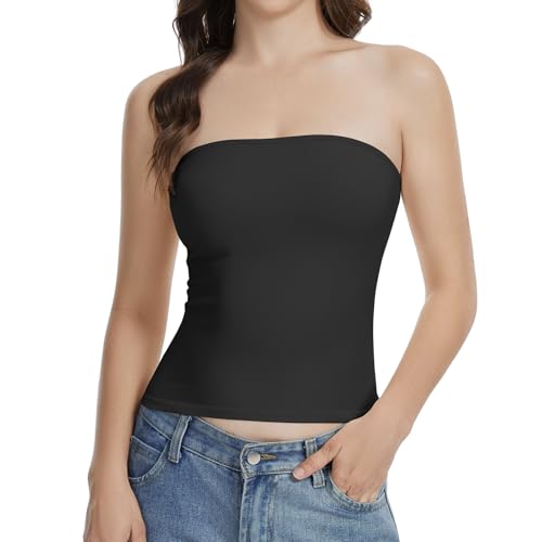 Comfyin Tube Tops for Women Strapless Bandeau Sleeveless Shirts Basic Backless Summer Going Out Tank Top Black S
