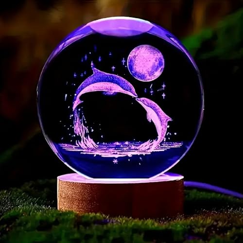 Image of Hamsa LED Crystal Ball Night Light - 16-Color Changing Globe Lamp with Dolphin & Moon Design, USB-Powered Desktop Decorative Mood Light for Home & Office