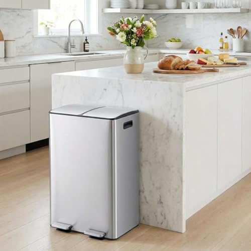 GarveeHome Kitchen Trash Can with Lid, 2 x 8 Gallon Stainless Steel Garbage Can with Recycle Bin, Dual Compartment Trash Bin with Independent Pedals a