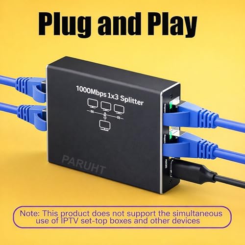 Image of Ethernet Splitter 1 to 3 Gigabit 1000Mbps - RJ45 LAN Network Adapter Hub with USB-C Power, Cat8 /Cat7 /Cat6 /Cat5e Compatible - Plug & Play Internet Cable Splitter for 3 Devices, Black ETHSP-1B3