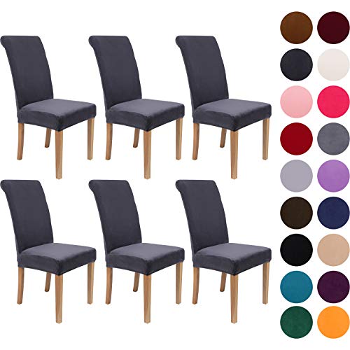 Colorxy Velvet Spandex Chair Covers for Dining Room Set of 6, Soft Stretch Chair Protectors Slipcovers, Removable and Washable, Dark Grey