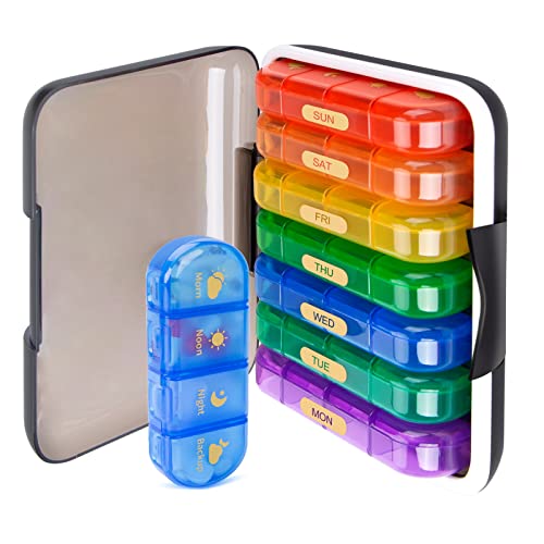 MURRI&MURRDI Large Pill Organizer 4 Times a Day, Portable 7 Day Pill Box with Moisture-Proof Case, Weekly Pill Container for Vitamins Fish Oils Medications Supplements (28 Cells, B Multi-Colored)