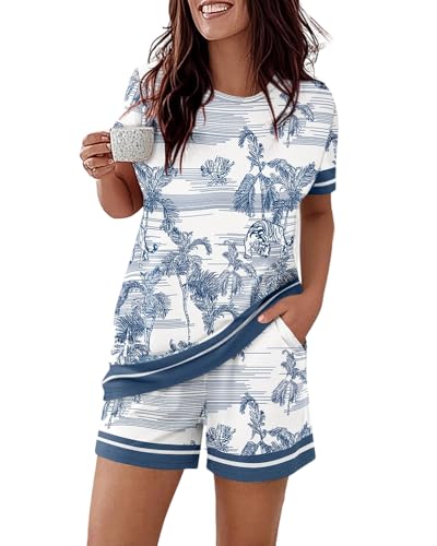 Image of CHICME Pajamas Set for Women 2 Piece Pjs Lounge Set Soft Short Sleeve Tops and Sleep Shorts with Pocket