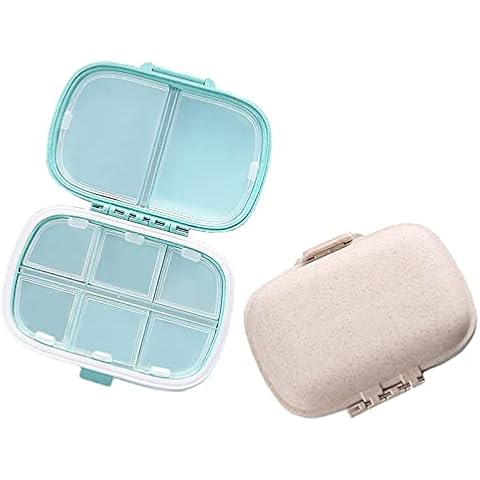 Small Pill Box, Travel Pill Organisers, Portable Medicine Storage Box,Wheat Pill Dispenser with 8 Compartments for Purse.Waterproof White and Green Pill Case (2pcs (1* White + 1* Blue)) Cover