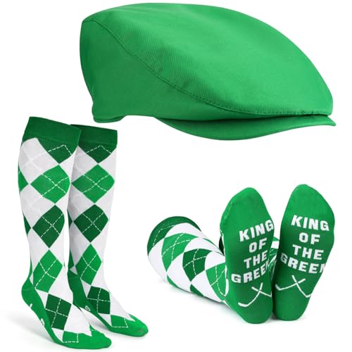 Bunnycool 2 Pcs Men Argyle Golf Socks Newsboy Hat Costume Accessories Golf Knee High Socks And Flat Cap Father'S Day Tournament Gift(Green)