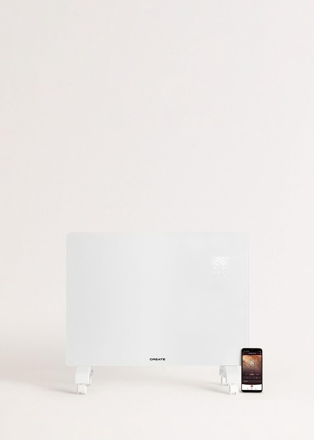 CREATE/WARM CRYSTAL 1500W / Convector eléctrico de cristal con wifi y ruedas blanco/App. sensores de precisión. temporizador. bajo consumo. instalación en pared o suelo. pantalla LED. 1500W