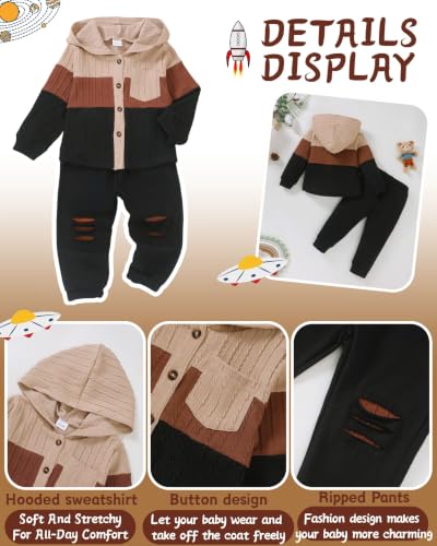 Image of Renotemy Toddler Baby Boy Clothes Winter Hoodie Flannel Boys Outfits 12M-4T | Toddler Boys Outfits,Fall Winter Long Sleeve Hoodie Sweatshirt Clothes Set,Infant Boys Flannel Plaid Top Ripped Pants Set