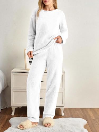 Image of KOTTY Women's Fleece White Winter Cord Set | Cozy Track Suit with Sweatshirt & Pants | Perfect for Airport & Jogging Look