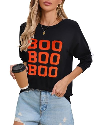 Image of Women's Lightweight Thin Knit Sweater Long Sleeve Crew Neck Boo Pattern Halloween Pullover (Black 76,Large)