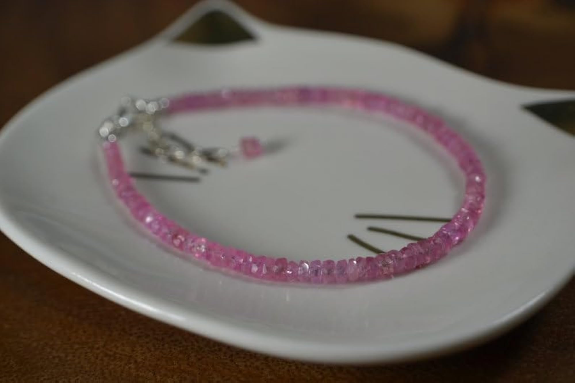 Pink Sapphire Rondelle Beaded Bracelet, Adjustable 7 Inch