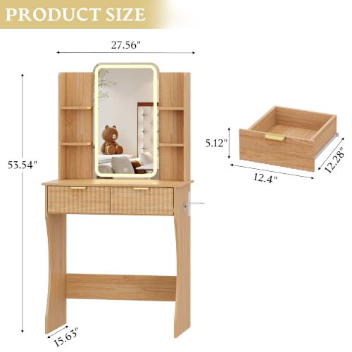 Image of Xixini Vanity Desk with LED Lights Mirror & Power Outlet, Small Makeup Vanity Table Set with Storage Drawers, 3 Lighting Modes & Adjustable Brightness, Dressing Table for Women Girls Bedroom, Oak