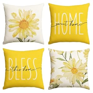 AVOIN colorlife Home Sweet Home Spring Summer Flowers Yellow Throw Pillow Covers 18 x 18 Inch Cushion Case for Sofa Couch Set of 4