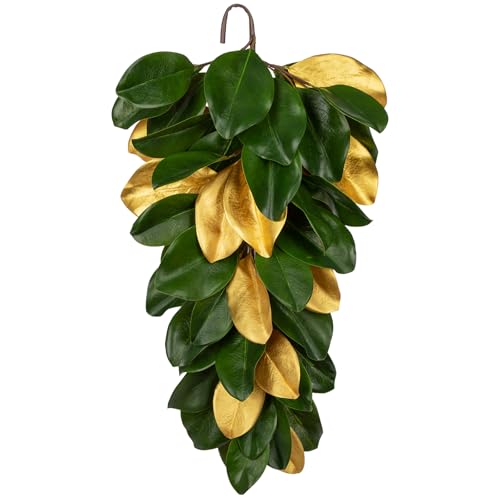 Christmas Gold Leaf Holiday Teardrop Swag – 27" Artificial Magnolia Greenery Hanging Decoration – Elegant Front Door & Fireplace Décor for Christmas Thanksgiving