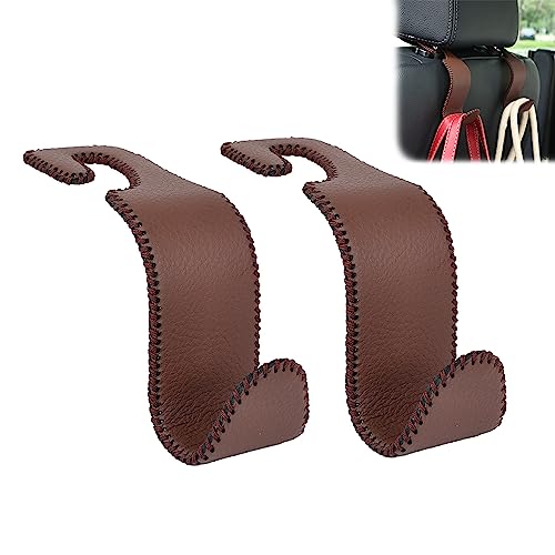 Amooca Car Seat Headrest Hook Universal Vehicle Storage Hanger Leather with Metal Car Seat Back Organizer for Handbag Purse Coat Brown 2 Pack