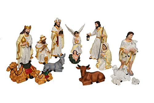 Image of KariGhar Resin Crib Set Idol Statue for Christmas Nativity Scene, Pack of Crib House, Mary, Joseph, Baby Jesus, Angel, 3 Wise Men, The Shepherd, 7Animals, Set of 16 Pieces, 8 Inch