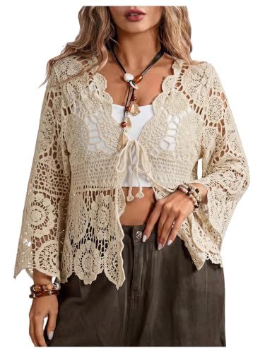 Image of SHENHE Women's Plus Size Hollow Out Cardigan Lightweight Sheer Tie Front Boho Kimono