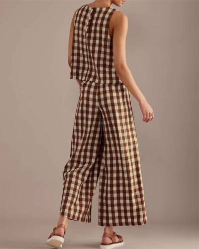 Women 2 Piece Summer Outfits Gingham Lounge Set Y2k Plaid Sleeveless Top Wide Leg Pants Matching Set4