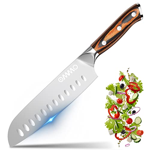 OMMO Santoku Knife, 7 inch Japanese Kitchen Chef Knife, Stainless Steel Hollow Edge Knife for Cooking - Brown