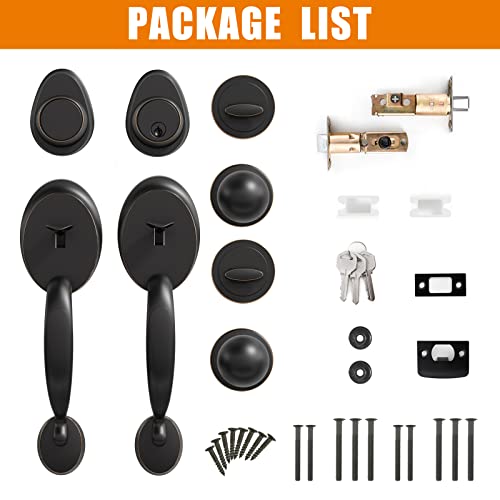 Natsukage Front Door Handle Set Oil-Rubbed Bronze Double Door Lock Set Double Door Handle Sets With Dummy, With Single Cylinder Deadbolt And Door Knob, Reversible For Right & Left Handed Doors #TOP2