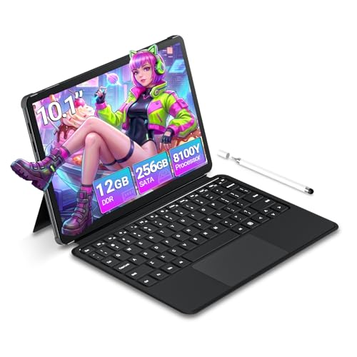 10.1 2 in 1 inch Laptop 12GB RAM 256GB SSD, 360°Flip Touchscreen Laptop with m3-8100Y（Up to 3.40 GH） 800 * 1280 IPS FHD, Backlit Keyboard Laptop Computer for Students/Commuters/Business