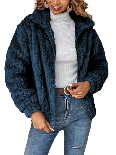 HUXRAKV Mujer Abrigo Cálido de Forro Polar Chaqueta Manga Larga Elegante Abrigos Corta de Piel Sintética Invierno,A-Azul 2,XXL