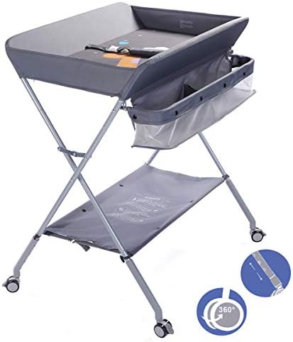 EGREE Baby Changing Table Portable Folding Diaper Changing Station with Wheels, Adjustable Height Mobile Nursery Organizer with Safety Belt and Large Storage Racks for Newborn Baby and Infant, Gray