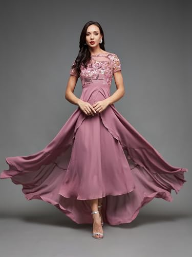 Image of Miss Chase Women's Round Neck Sleeve Embellished Fit Flare Maxi Dress