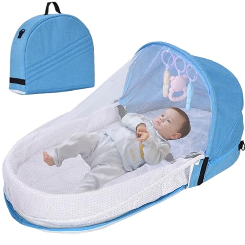 Pastoralist Cama de Viaje para bebés, Cuna de Viaje Plegable para bebés con Dosel y Juguetes de guardería, Vaina de Viaje portátil, Cama de Viaje Infantil para Viajar (Azul)