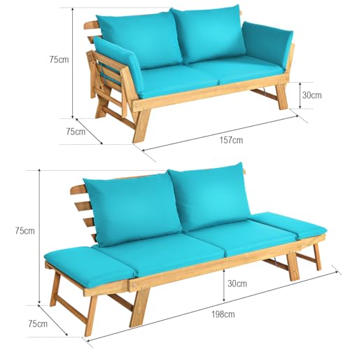 GIANTEX Liegesofa mit klappbaren Seitenlehnen, Gartenbank Sitzbank mit Auflagen, Sonnenliege Gartenliege aus Akazienholz, Multifunktionsbank Balkonbank Parkbank Gartenmöbel, grau/beige (Türkis)