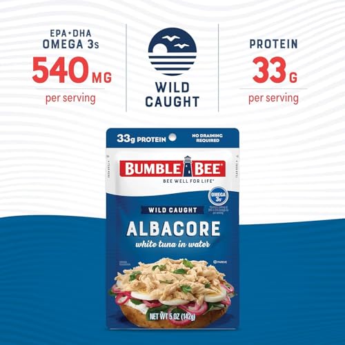 Image of Bumble Bee Chunk White Albacore Tuna in Water, 5 oz Pouch - Ready to Eat Wild Caught Tuna Packet - 33g Protein per Pouch, High in Omega-3s - Non-GMO, Gluten Free, Kosher (Pack of 4)