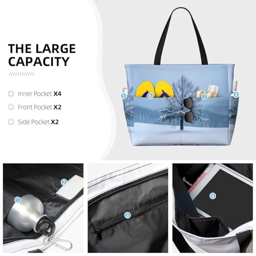 Beach Bag for Women, Waterproof Sandproof Beach Pool Travel Duffel Bags with 7 Pockets, Large Capacity Shoulder Tote Bag for Gym Travel Vacation Essential, Winter Snowflake Tree3