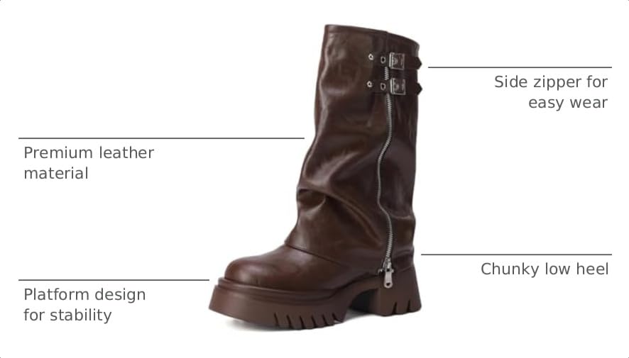 Image of MAVMAX Mid Calf Boots for Women Fold Over Zipper Buckle Riding Boot Black Wide Calf Platform Round Toe Chunky Low Heel Tall Boot Cowboy Biker Motorcycle Boots